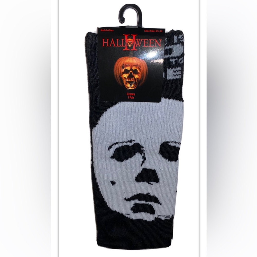 Halloween II Crew Socks 1 Pair Men’s 6.5-12 Black White Michael Myers Mask NEW!